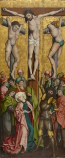 The Crucifixion of Christ, c. 1460, mixed media on firewood laminated with canvas, 215.5 x 90 cm,