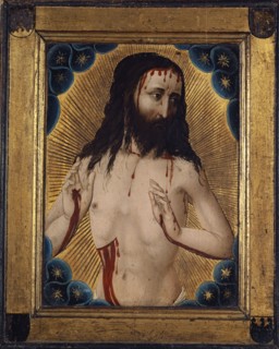 Christ as a pain man (inside), Coat of arms of Georg von Löwenstein on a blue background (on the