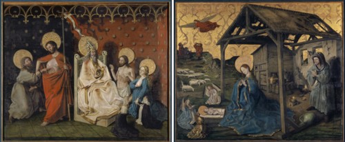 The unbelieving Thomas and Christ and Mary interceding before God the Father (outside), The