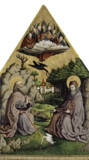 The heavenly feeding of the holy recluses Antonius and Paulus, 1445, mixed technique on fir wood,