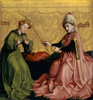 Esther before Ahasver, c. 1435, mixed technique on canvas laminated oak, 85.5 x 79.5 cm, unsigned,