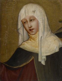 Upper body of a hl., Widow, c. 1410, mixed media on fir wood, 38 x 29.5 cm, unsigned., Hallmarked