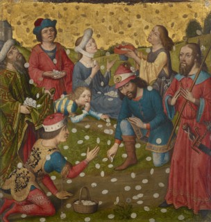 The Mannalese (inside), Rapport of stars and monogram IM [Jesus, Maria] in gold on a red background