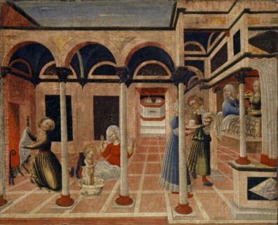 The miracle of the birth of St., Nicholas, c. 1435-1440, tempera on poplar wood, 25.6 x 31.8 cm,
