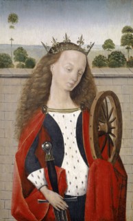 The hl., Katharina standing in front of a wall, c. 1500, mixed technique on oak, 32.5 x 20 cm,