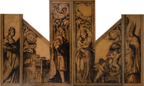 Empress Kunigunde and Emperor Heinrich II in front of the Münster choir (left wing), Madonna with