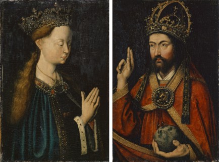 Mary and Christ as Salvator Mundi (fronts), Coat of arms paintings in gray-green grisaille (backs),
