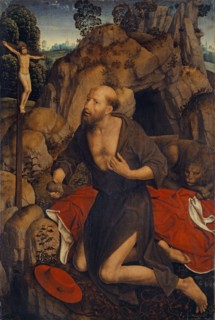 The paying hl., Hieronymus, 1485/90, mixed media on oak, 87.8 x 59.1 cm (painted area 86.5 x 58