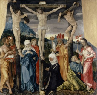 Crucifixion of Christ with thieves, saints and benefactresses, 1512, mixed technique on lime wood