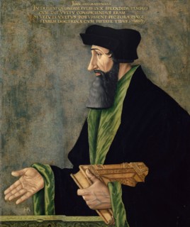 Portrait of Johannes Oekolampad, c. 1531/50, mixed technique on basswood, 62 x 51.5 cm, monogrammed