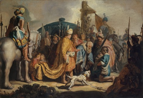 David hands Goliath's head to King Saul, 1627, oil on oak, 27.4 x 39.7 cm, monogrammed and dated