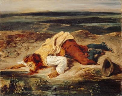 Brigand blessé (Pâtre romain), c. 1825, oil on canvas, 32.7 x 40.8 cm, signed lower right: Eug.,