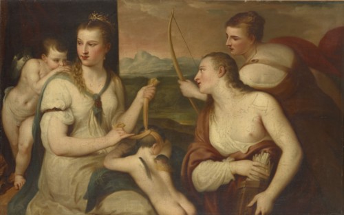 Venus connects Amor's eyes, oil on canvas, 110.5 x 177 cm, Unmarked, Tizian (Vecellio, Tiziano),