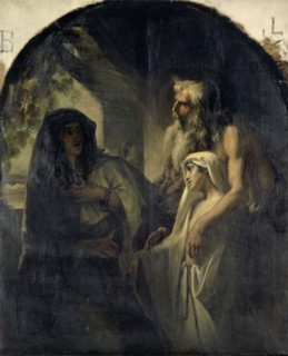 The Prophet Elias leads the widow of Zarpath to her Son, who has been raised from the dead (1 Kings