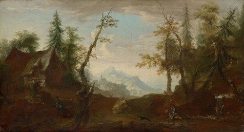 Farmhouse at a clearing with horsemen, c. 1765/68, oil on canvas, 63.8 x 117 cm, unsigned, Caspar