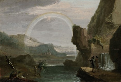 River Landscape with Rainbow and Two Cavaliers, c. 1760/68, Oil on Walnut, 16.4 x 24.2 cm,