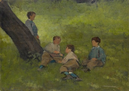 Boys in the Green, oil on canvas, 36.5 x 60 cm, signed lower left: Th. Preiswerk, Theophil