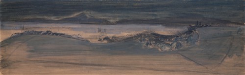 View from the battery on Basel, 1940, tempera and oil over ink (pen) on paper, on pavatex, 28.5 x