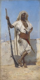 Arab in Field Equipment, 1884, oil on canvas, 41 x 21 cm, signed and dated lower left: EALOVATTI