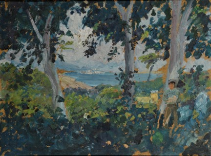 View through a grove of southern bay, oil on cardboard, 26 x 34.5 cm, Ernst Schiess, Basel