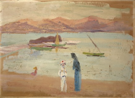Sailor boy, small boats and inlet, oil on cardboard, 32.5 x 44.5 cm, Ernst Schiess, Basel 1872–1919