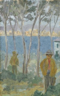 View over bay on southern city, oil on board, 40.5 x 25.5 cm, Ernst Schiess, Basel 1872–1919