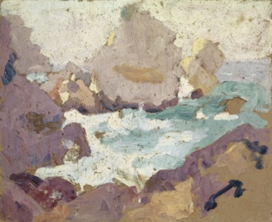 Sea surf and rocky coast, oil on board, 22 x 27 cm, unmarked, Französischer Maler, 19./20. Jh.
