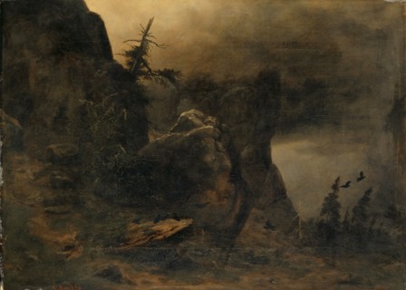 Rocky slope with weather firs, c. 1849, oil on canvas, 39.1 x 54.4 cm, signed lower left: A.