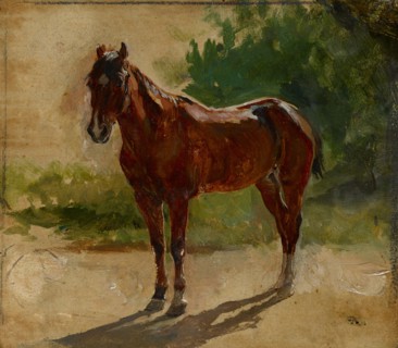Étude cheval bai, c. 1860, oil on lime wood, 11 x 13 cm, monogrammed lower right: EM [ligated],