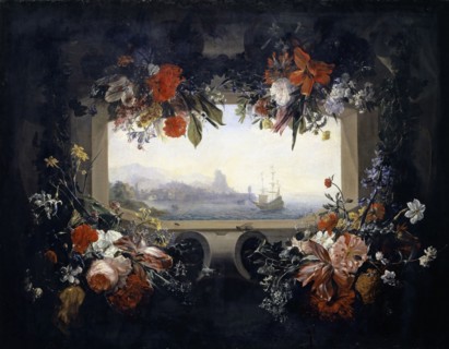 Flower still life: cartouche with garland, therein the Vedute of a port city, before 1713, oil on