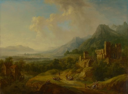 River valley with church ruins and staffage, oil on copper, 32 x 43.5 cm, signed in red on the