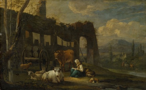 Italian landscape with staffage, oil on paper, mounted on oak wood, 36.5 x 58.5 cm, remains of a