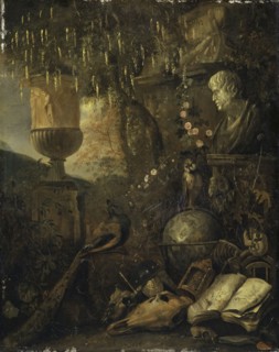 Philosophical Vanitas still life, oil on oak wood, 52 x 41 cm, Signed at the top of the recto page