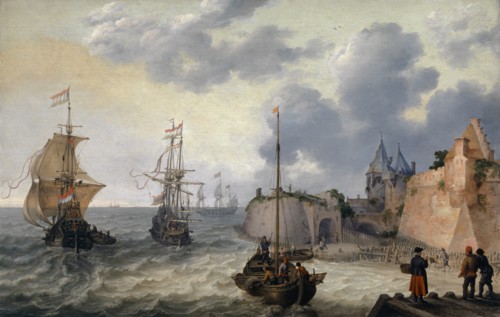 Dutch port with sailing ships, oil on oak, 54.5 x 85.5 cm, monogrammed lower right on wooden