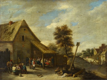 Peasants in front of a village inn, on copper, 49 x 64.5 cm, signed lower left on the bar: D