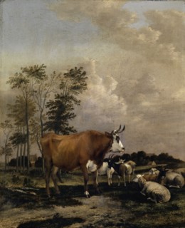 Pasture with brown bull, 1663, oil on oak, 42.5 x 34.5 cm, signed and dated lower left: A. Klomp f