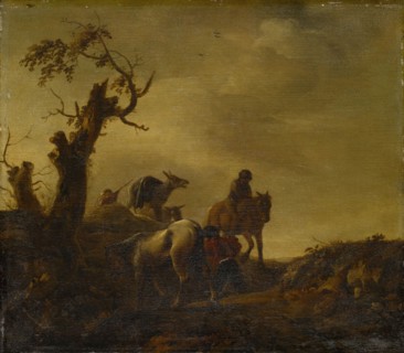 Horses and Donkeys in the Hollow Road, Oil on Oakwood, 28 x 32 cm, Unsigned, Philips Wouwerman,