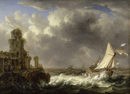 Seashore with moving sea, oil on panel, 38.6 x 52.7 cm |, 38.6 x 52.7 x 1 cm, monogrammed lower