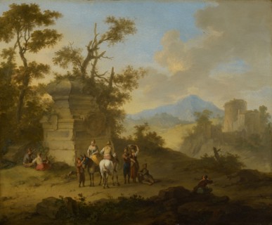 Landscape with tomb and horsemen, oil on copper, 30.1 x 35.9 cm, signed lower left: F, Franz de