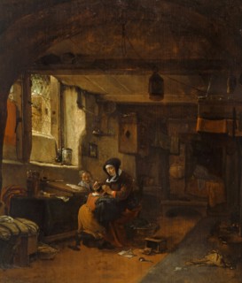 Interior, oil on oak, 46.2 x 39.8 cm, Not marked, Thomas Wijck, Beverwijck bei Haarlem 1616 (?) –