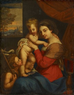 Madonna with Child and the Johnneskin, oil on poplar wood, 27.3 x 21.5 cm, unsigned, Carlo Cignani,
