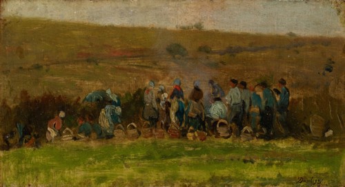 Farmers at the potato harvest, oil on oak, 12.5 x 23.3 cm, signed lower right: Daubigny,