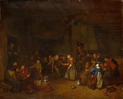 Peasant dance in a barn, oil on canvas, 64 x 79 cm, unmarked, Egbert van Heemskerck, Haarlem