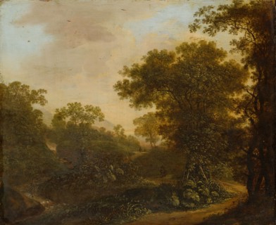 Landscape with forest road, oil on oak wood, 44 x 54 cm, Signed and dated in the lower right