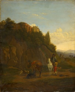 Italian landscape with traveler, oil on panel, 54.5 x 45 cm, Karel Dujardin, (Kopie nach (?) / copy