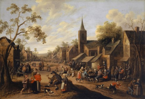 Farm fair, oil on oak wood, 51 x 74 cm, monogrammed lower middle: JC., DS., [ligated] f, Joost