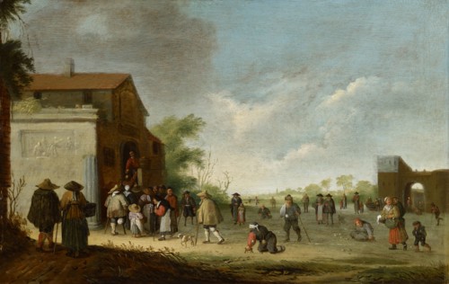 Poor feeding at the monastery stairs, oil on oak wood, 42.5 x 66 cm, not marked, Pieter de Bloot,
