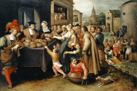 The Seven Works of Mercy, 1617, oil on oak, 100 x 148 cm, signed and dated on the stone in the