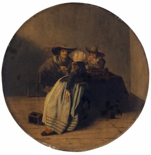 Interior with a smoking company at a table, oil on oak wood, diameter: 44.5 cm, signed on the left