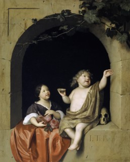 Two children at the window looking at a soap bubble, oil on oak wood, 40.5 x 33 cm, signed lower